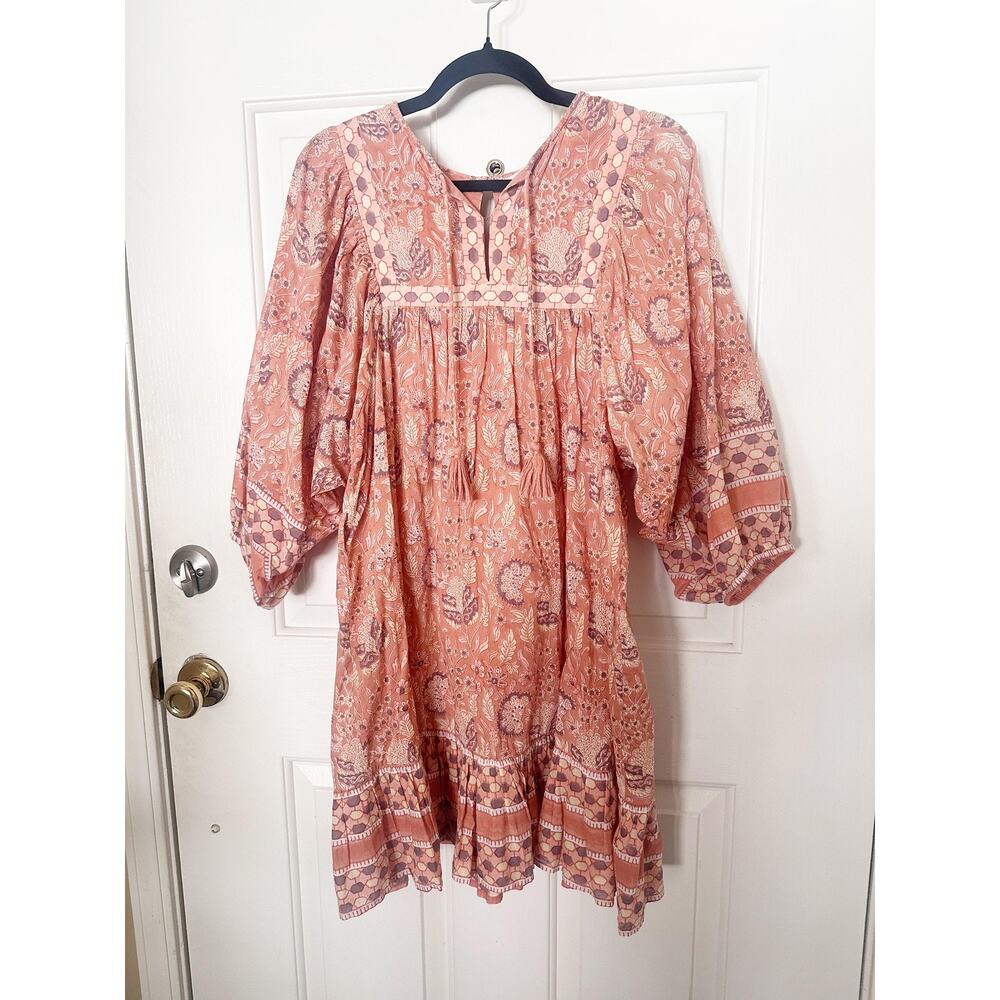 Cleobella Dress Womens L Pink Floral Boho Balloon Sleeve Tassel Mini Swing - Picture 2 of 6